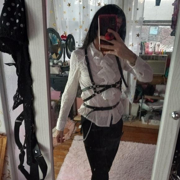 Black vegan leather dbl thigh garter harness w/chain & belt! Bondage - Picture 2 of 16